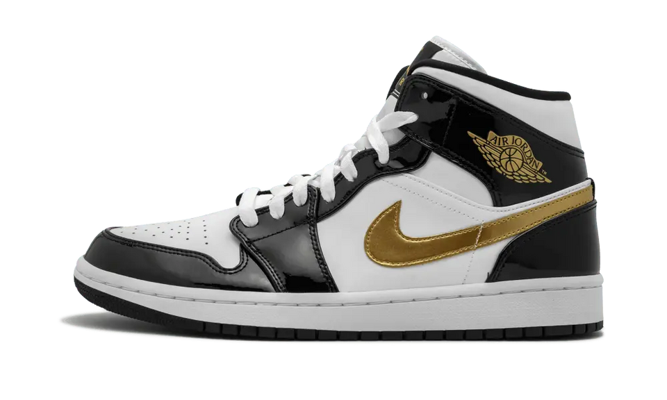 Jordan 1 mid 2025 patent black white gold
