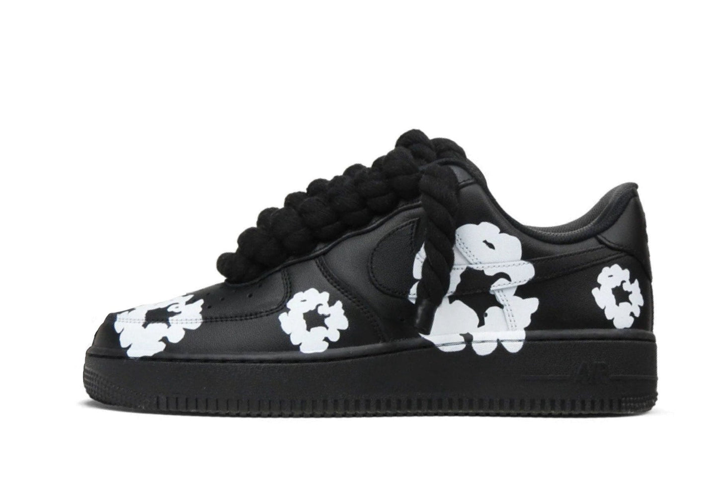 Customized sneakers Nike Air Force 1  Black Leather Flowers